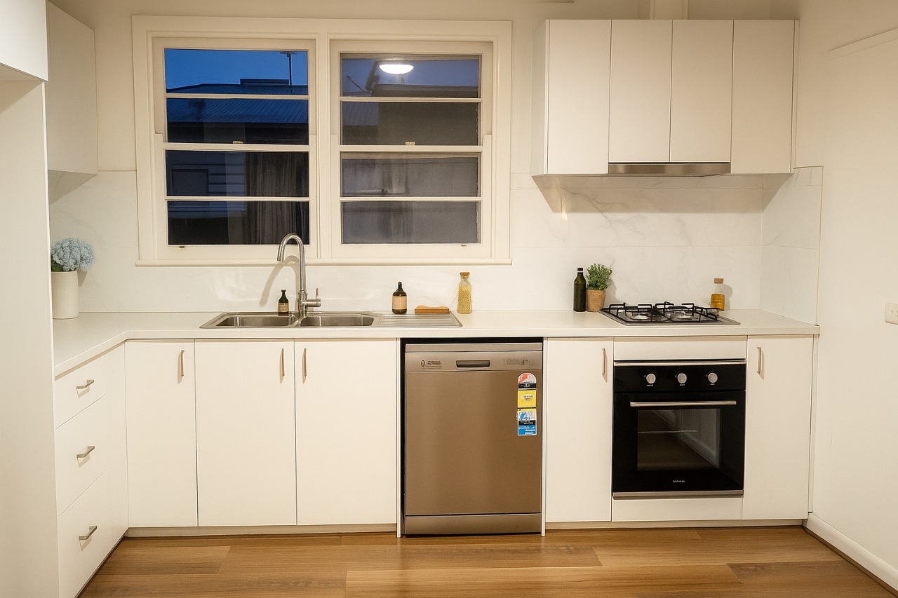 Cheap kitchen renovation showing new affordable flooring, interior painting, modern cabinetry, and basic kitchen appliance installation.