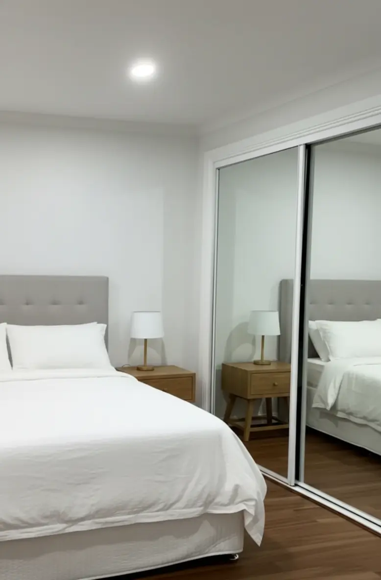 Custom joinery wardrobe renovation in Ringwood with mirrored sliding doors and soft-close drawers.&#34;