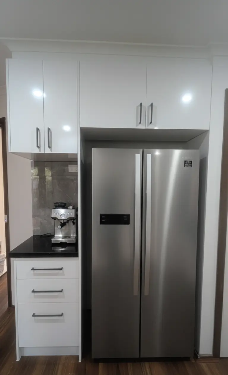 Contemporary kitchen renovation with bright white cabinets and black stone benchtops.