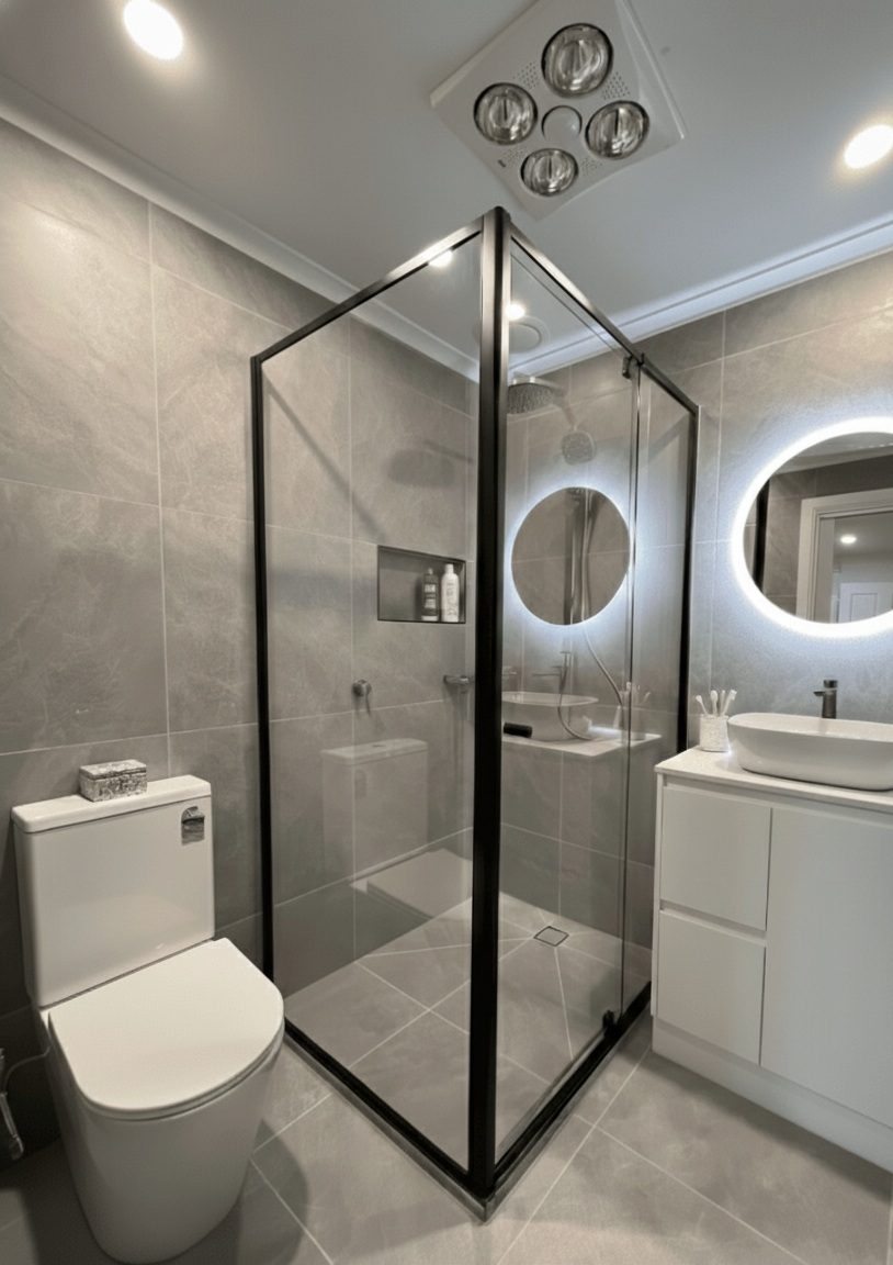 Modern bathroom remodel with black-framed shower enclosure and floating vanity
