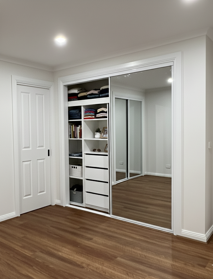 Contemporary wardrobe renovation with 2 pac finish doors and space-optimised compartments.