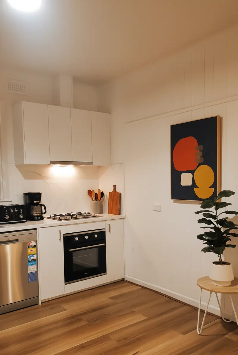 Modern kitchen renovation with gloss white Polytec cabinetry and hybrid flooring in Morwell