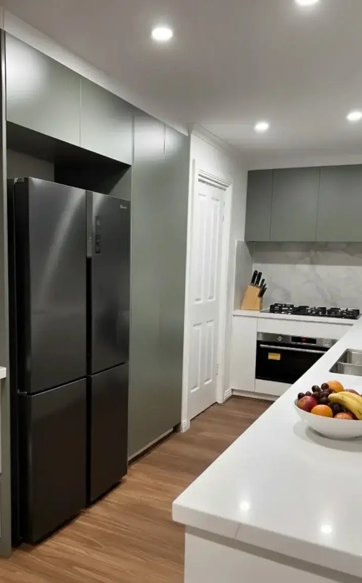 Low-cost kitchen upgrade featuring hybrid flooring and white Polytec cabinets.