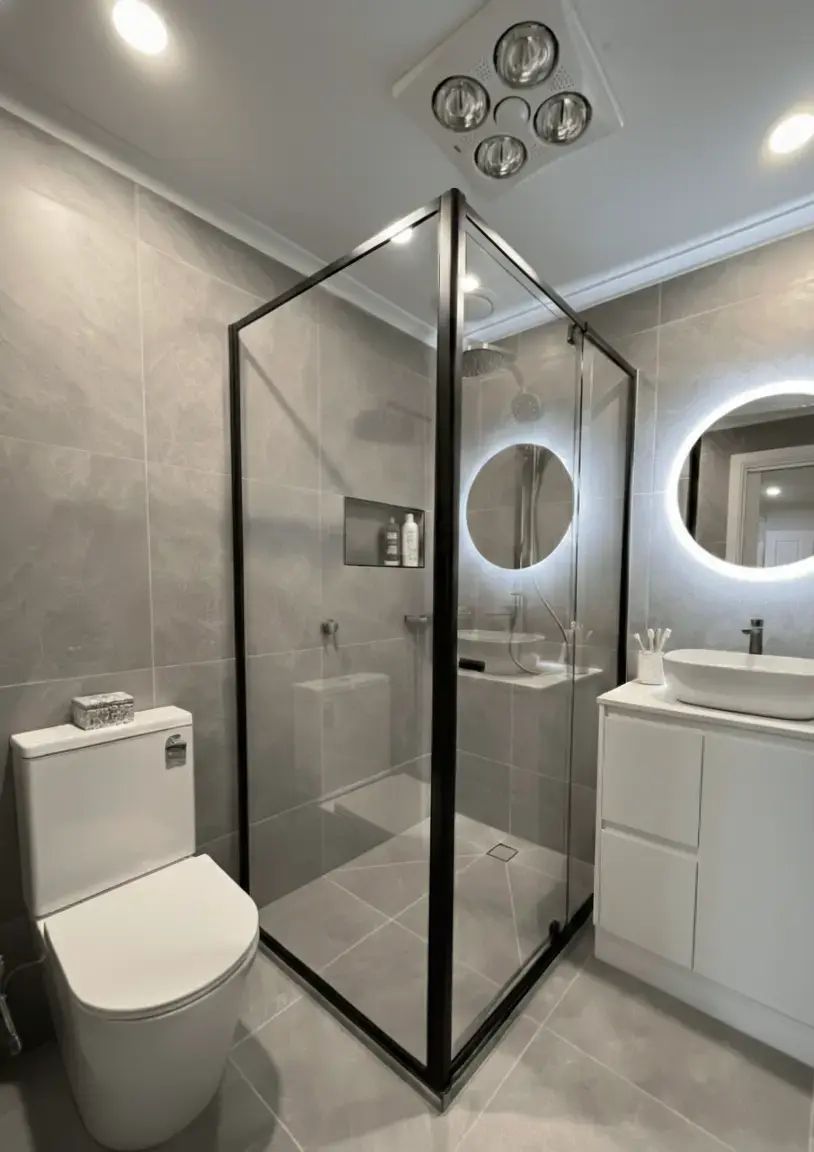 Affordable bathroom renovation in Melbourne with modern fixtures and LED mirror lighting.